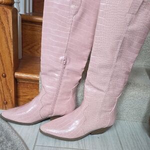 Charlotte Russe Women’s Pink Croc-Embossed Knee-High Western Boots
